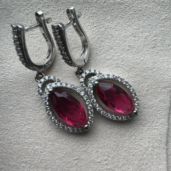 Pear cut red ruby halo and drop earrings - Picture 2 of 5